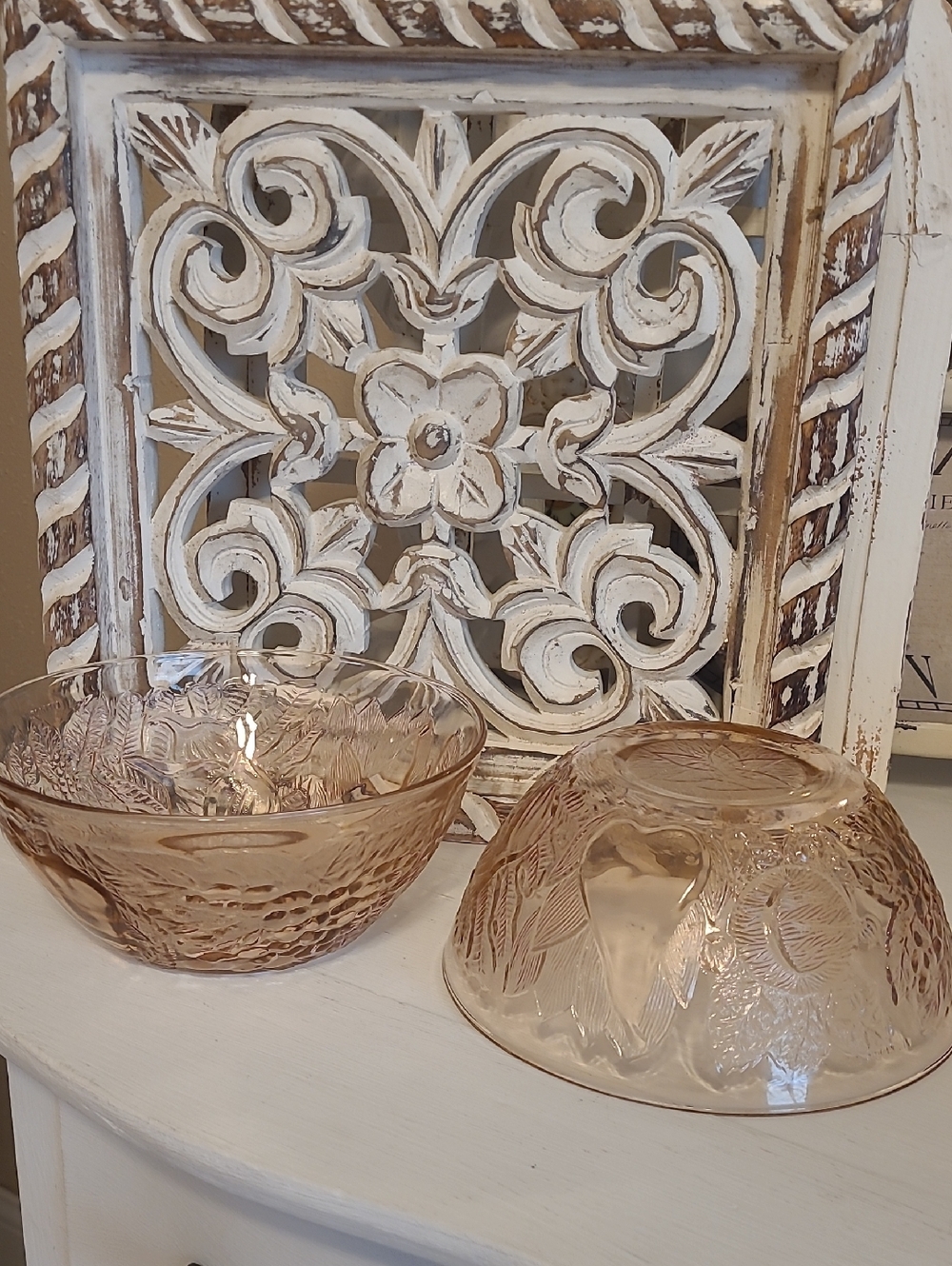 Two Vintage Pink Pressed Glass Embossed With Fruit Bowls